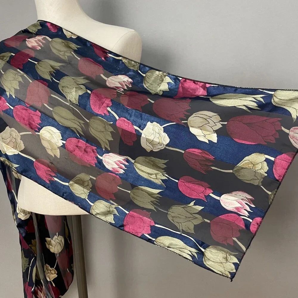 Floral Scarf Tulips Semi-Sheer Stripes Blue Maroon Long‎ Maximalist Artsy Whimsy